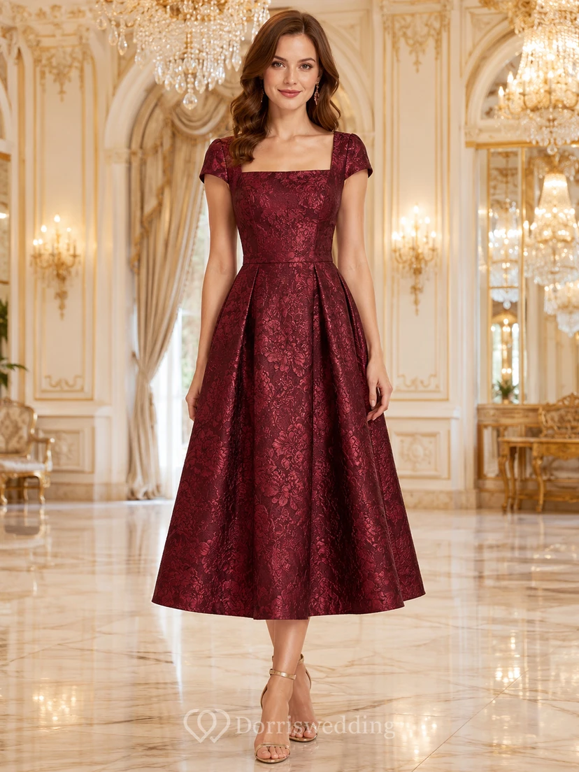 Robe d'invitée bordeaux à col carré, manches courtes et jacquard, coupe trapèze