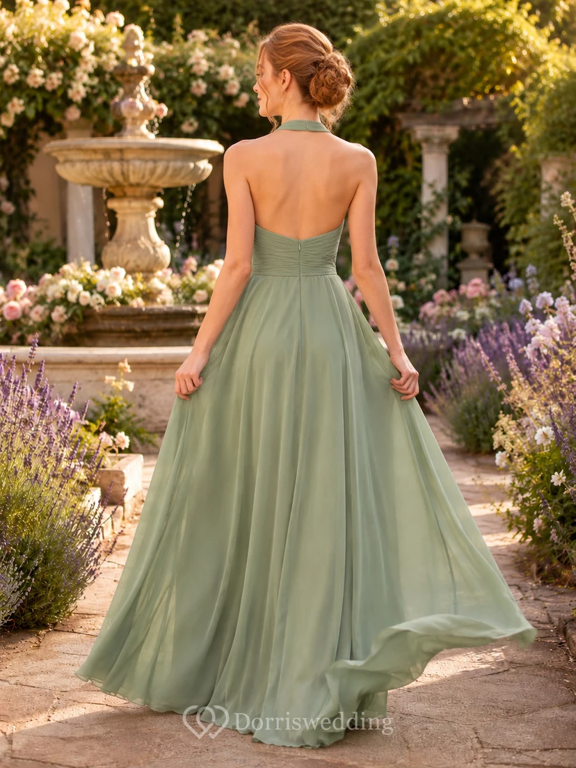 Sage halter chiffon A-line floor length garden bridesmaid dress view 2
