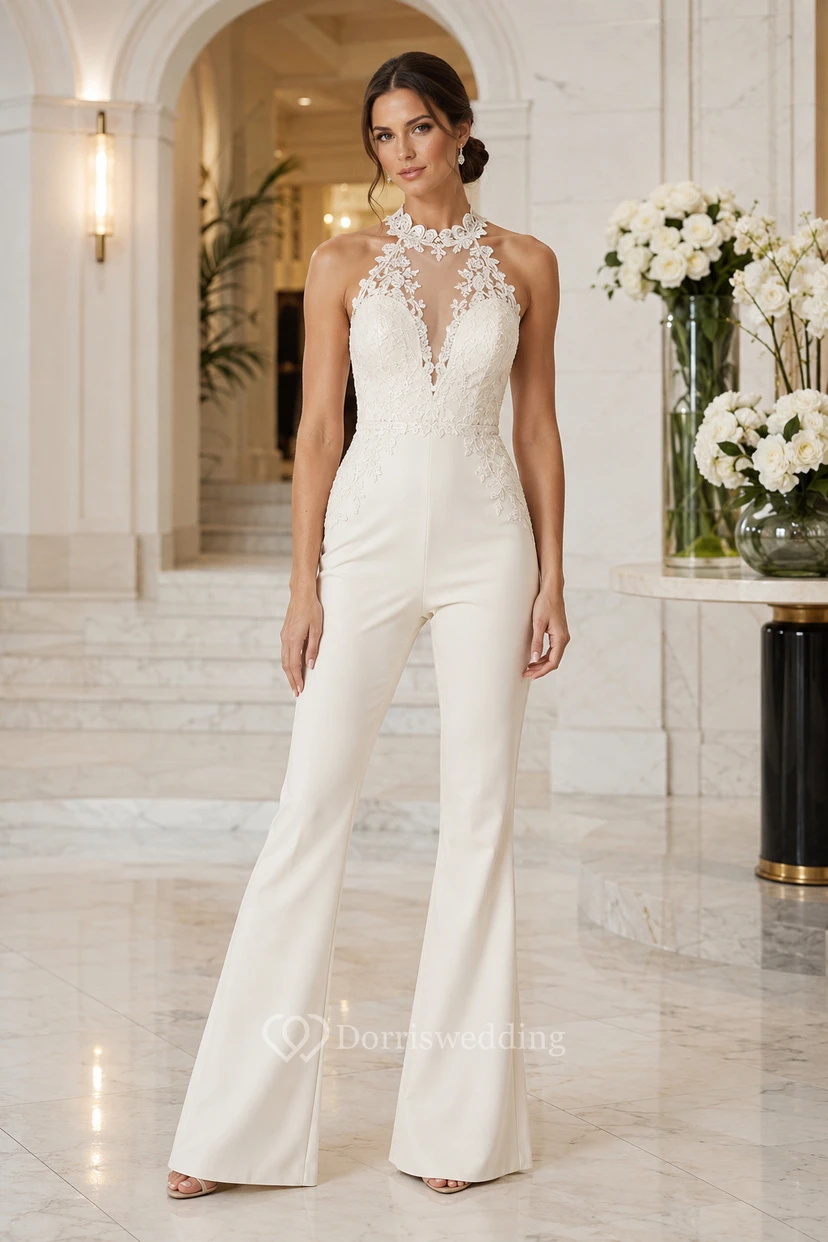 White Halter Floral Lace Bridal Jumpsuit with Open Back