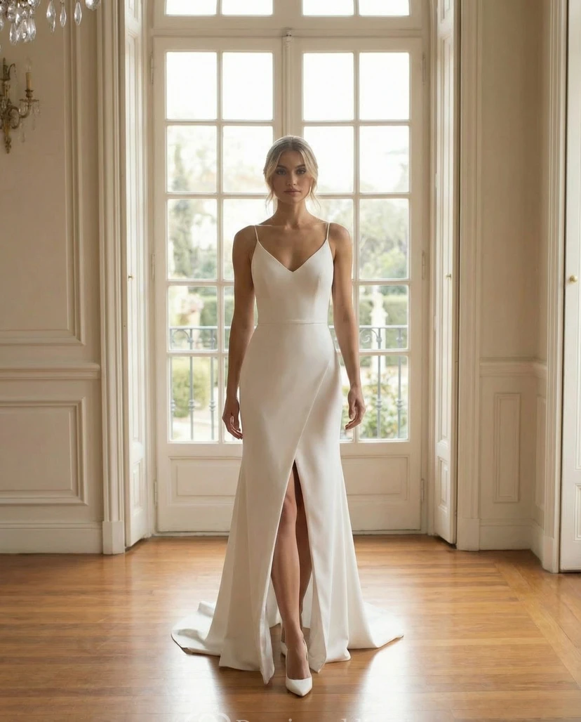 Schlichtes Brautkleid aus Satin mit Spaghettiträgern, V-Ausschnitt, vorderem Schlitz und Schleppe