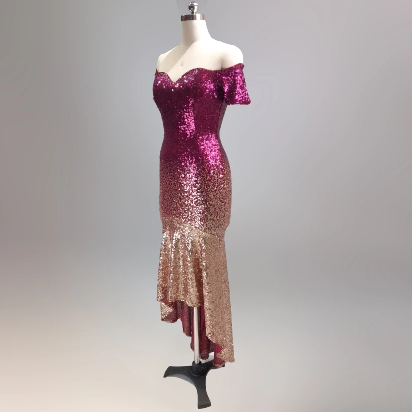 Robe asymétrique à manches courtes, style européen et américain, sequins dégradés, robe de soirée de mariage ou de banquet. view 18