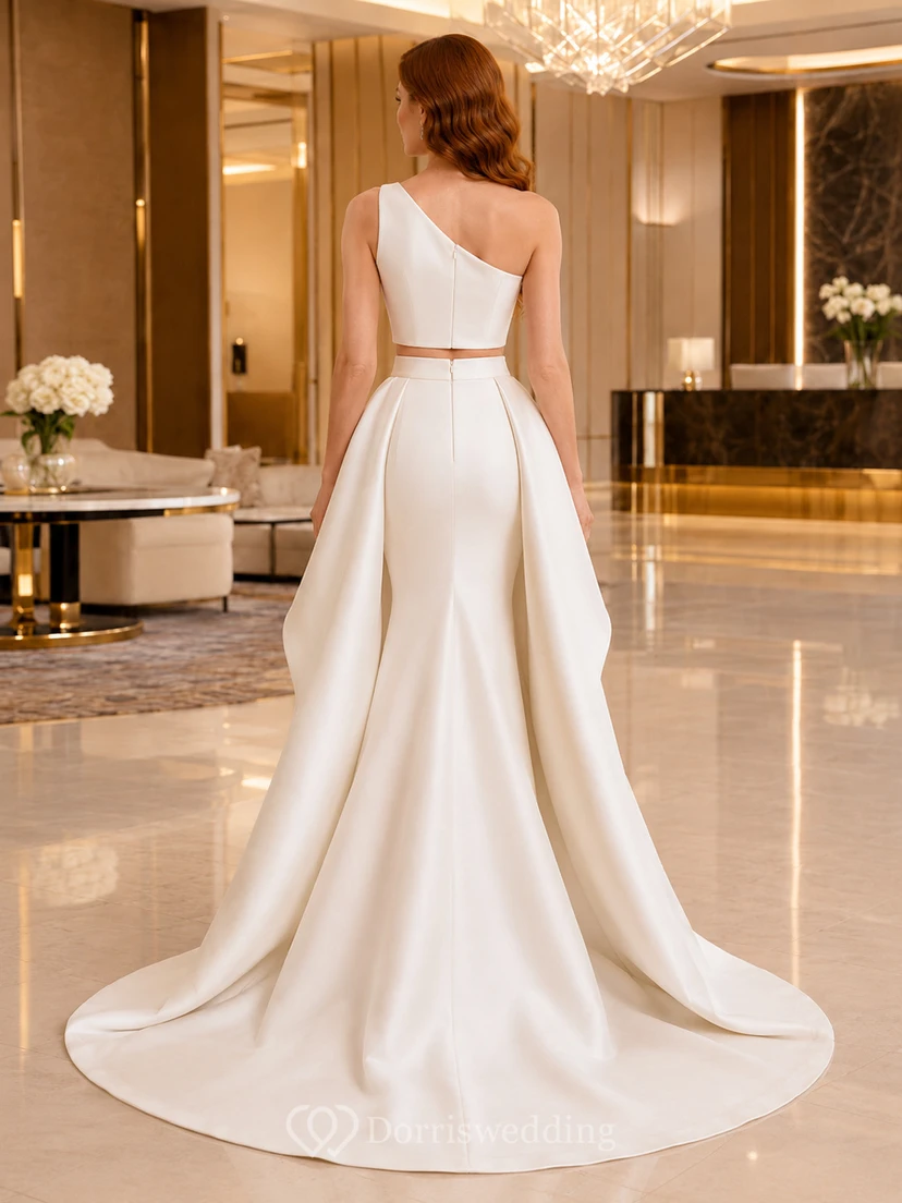 One Shoulder Satin Mermaid Dress Draped Overskirt Hotel Bridal Set view 2