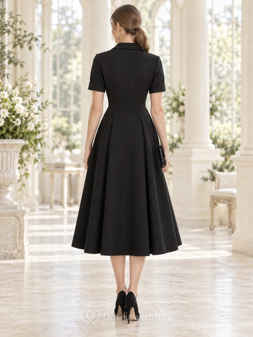 Schlichtes, elegantes schwarzes A-Linien-Midikleid mit Reverskragen und Knopfleiste view 2