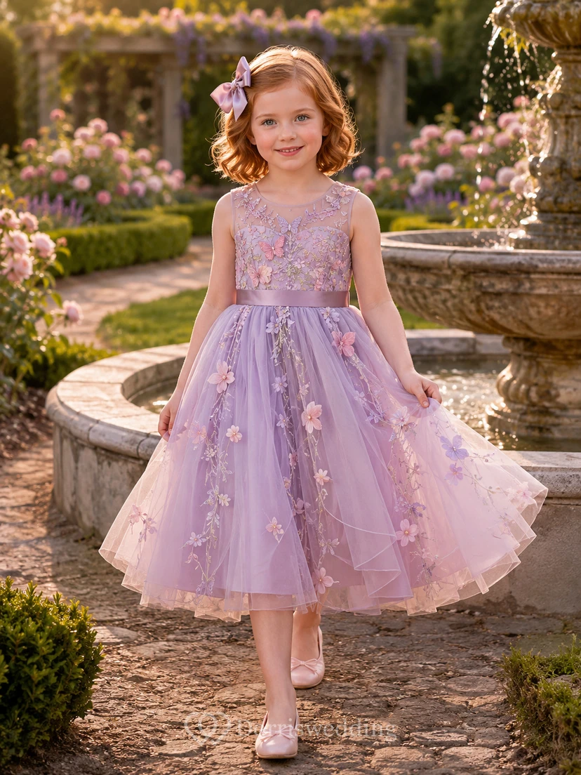 Lavender Elegant A-Line Tulle Flower Girl Dress Sleeveless Scoop Neck Tea-Length Floral Applique