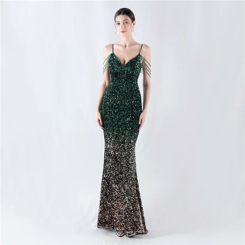 Velvet-Bottom Gradient Sequined Sexy Beaded Suspender Evening Dress view 10