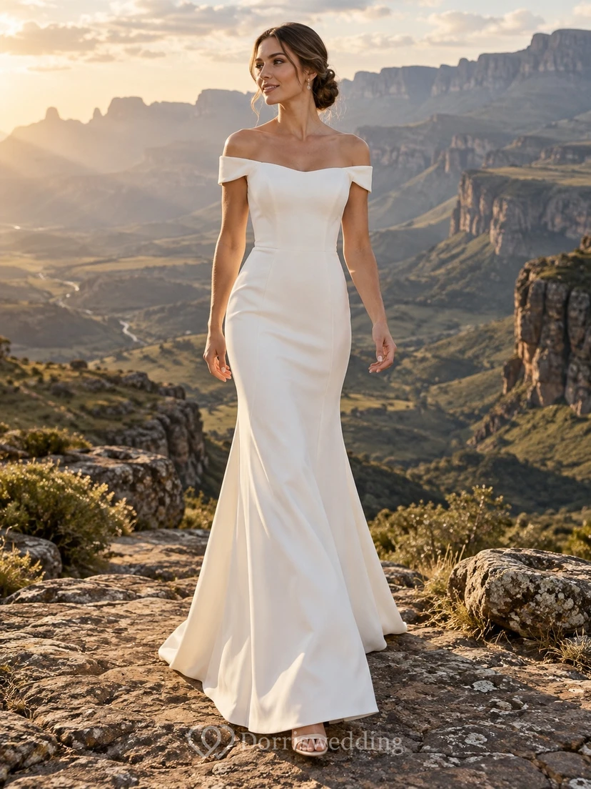 Vestido de novia sencillo de satén con hombros descubiertos y corte sirena, corpiño liso y cintura natural.