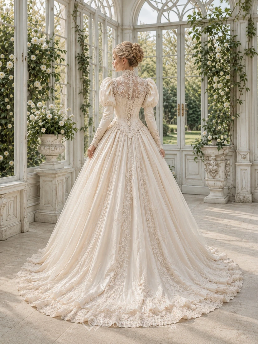 Champagne High-Neck Long-Sleeve Taffeta Lace Ball-Gown Floor-length Sweep Vintage Formal Gown view 2