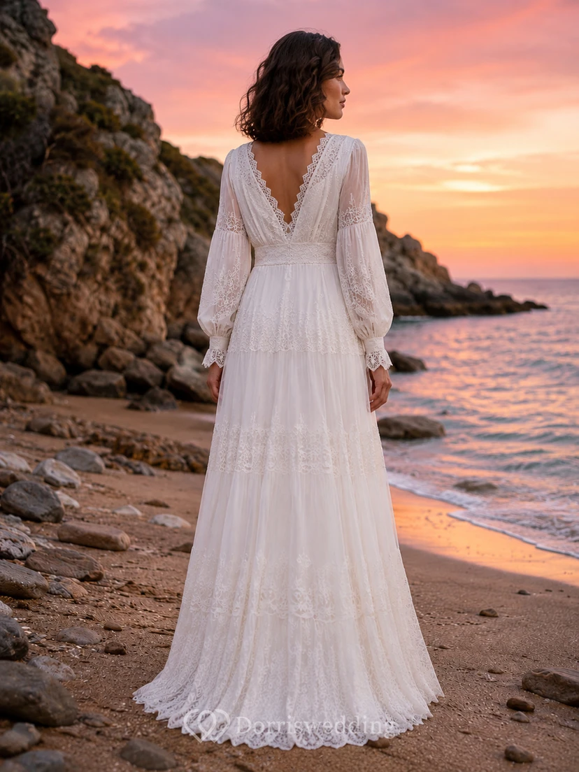 Beach Boho V-Neck Poet Sleeve Chiffon Wedding Dress view 2