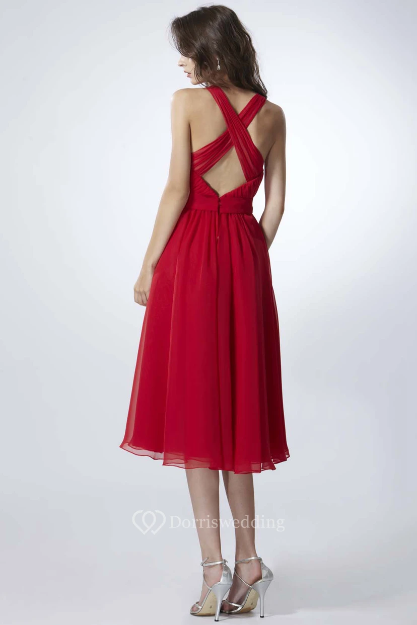 Knee-Length A-Line Ruched V-Neck Sleeveless Chiffon Bridesmaid Dress view 2