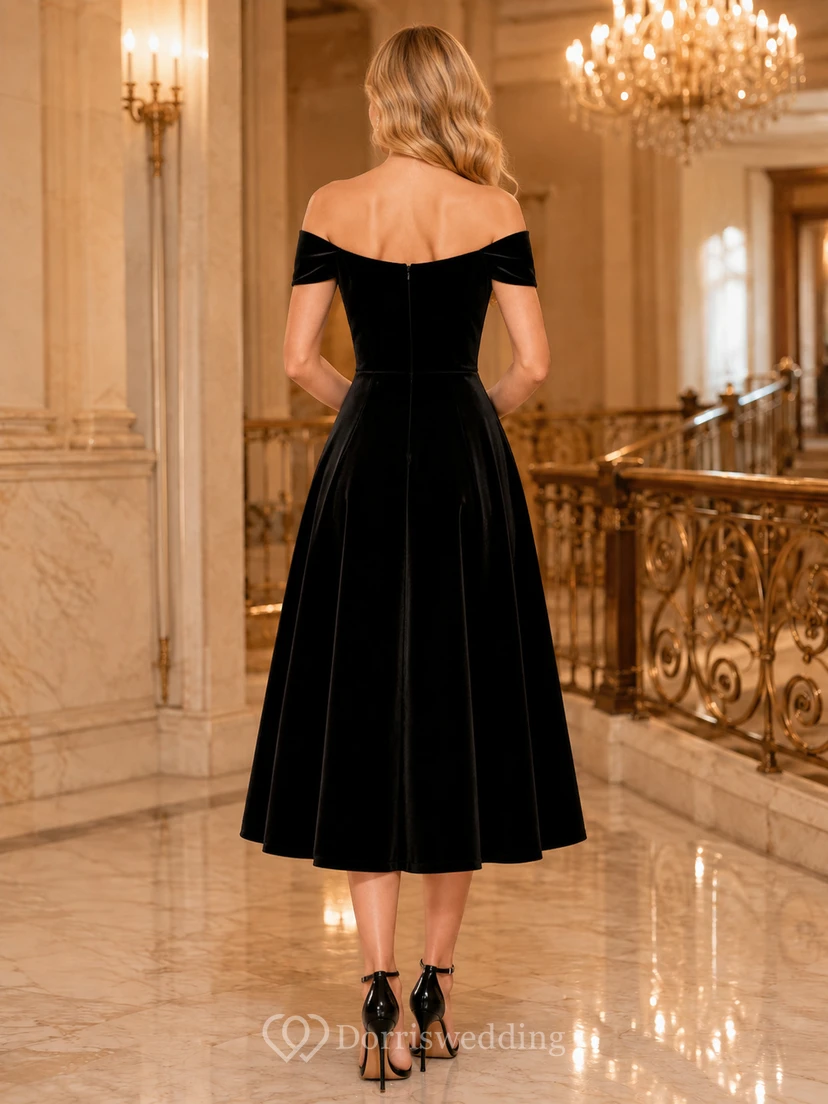 Black Off Shoulder Sweetheart Velvet Orchestra Concert Midi Dress view 2