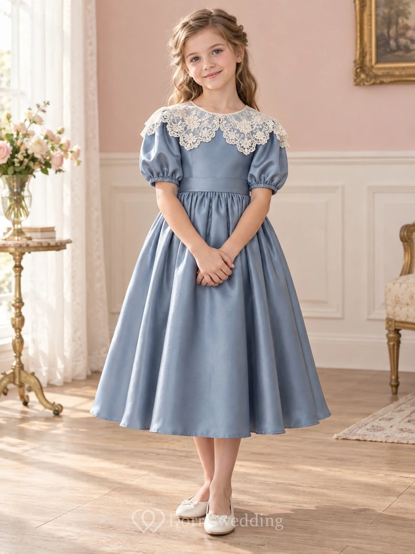 Vintage Modest Tea-length Blue Scalloped Collar Puff Sleeve Satin Flower Girl Dress