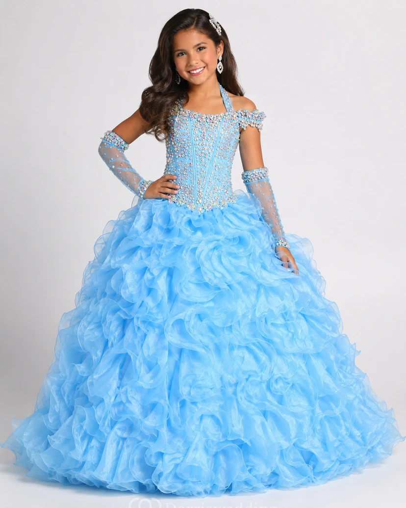 Ruffle Ball Gown Halter Corset Flower Girl Dress with Beading view 9