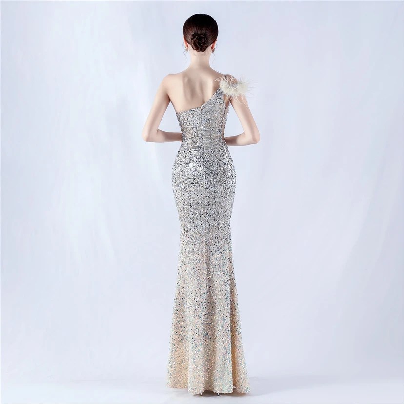 Gradient Velvet Bottom Sequins Craft Beading Ostrich Hair One-Shoulder Oblique Collar High-Slit Evening Dress view 26