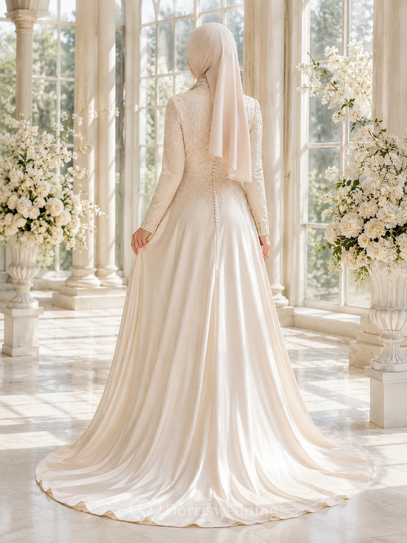 Petite Muslim Long Sleeve Lace Satin Sheath Wedding Dress view 2