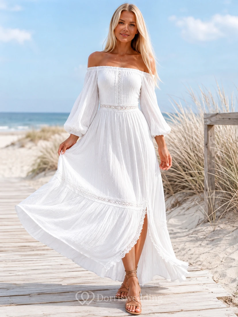 Vestido de playa blanco estilo bohemio con hombros descubiertos, mangas abullonadas, ribete de encaje, corte en A y largo hasta los tobillos.