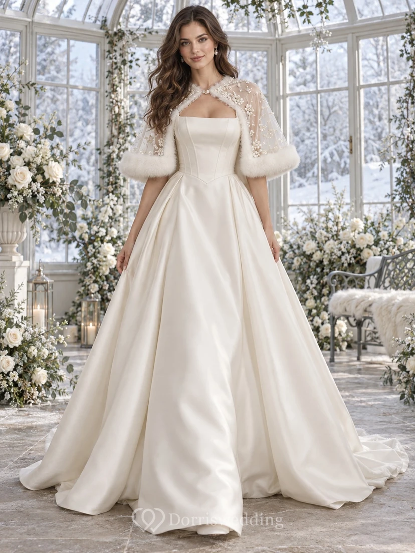 Square Neck Satin Wedding Fur Trim Cape Ball Gown