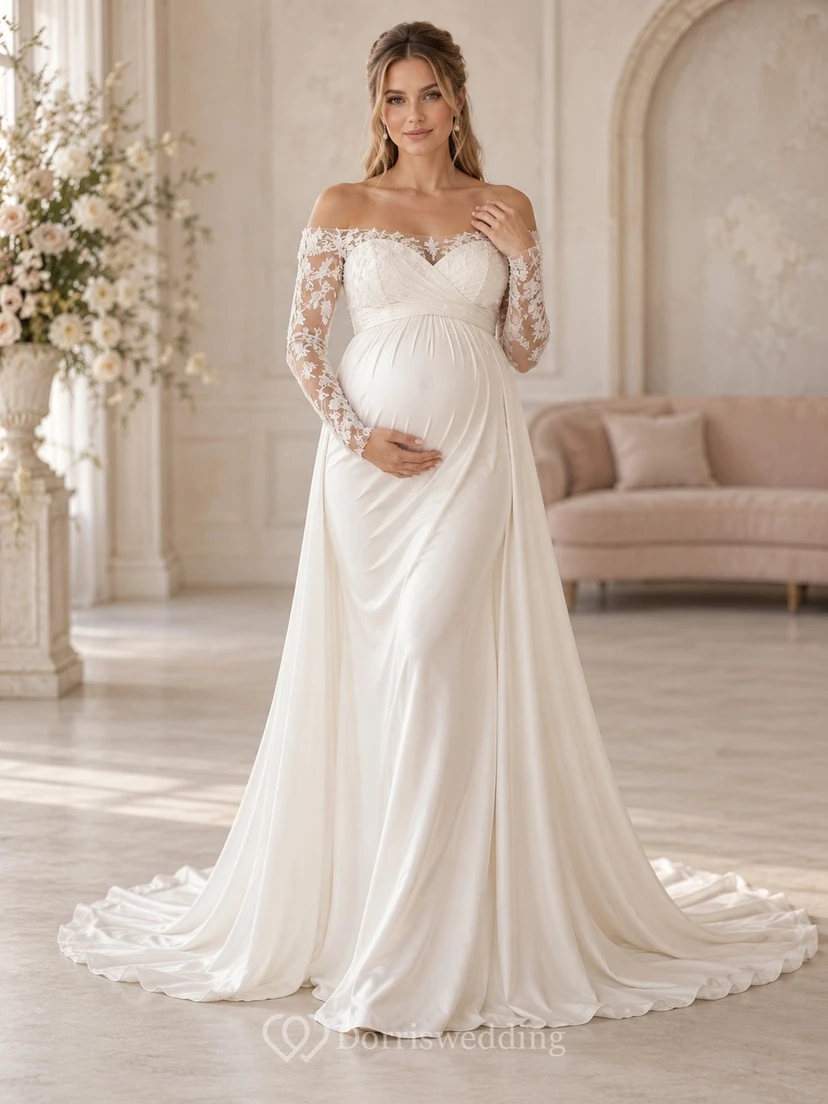 Maternity Long Sleeve Off Shoulder Lace Chiffon Bridal Wedding Dress