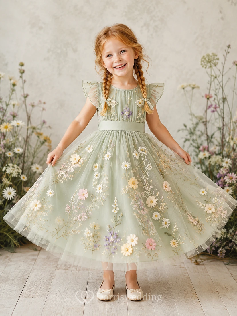 Kleid in Salbeigrün mit gepressten Blüten, flatternden Ärmeln, mehrfarbigem Tüll mit botanischen Motiven, A-Linien-Rock und Teelänge