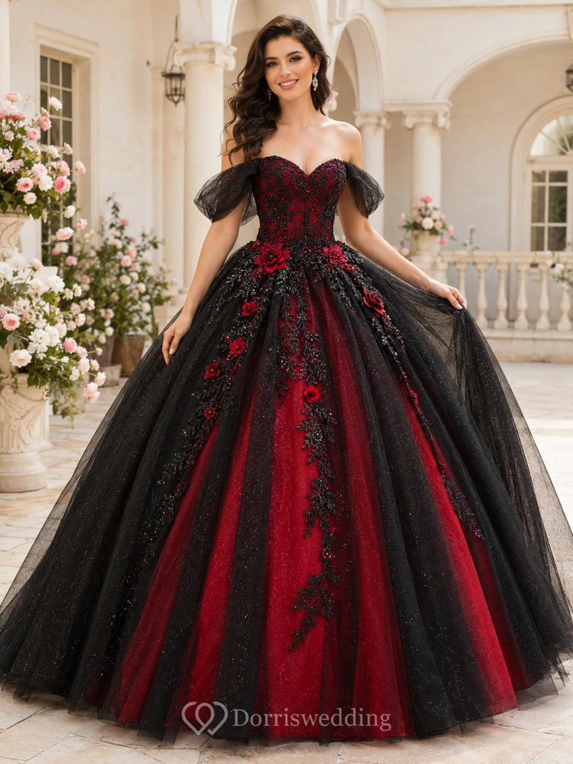 Black Red Luxury Off Shoulder Petal Sleeve Embroidered Sweet Sixteen Princess Ball Gown