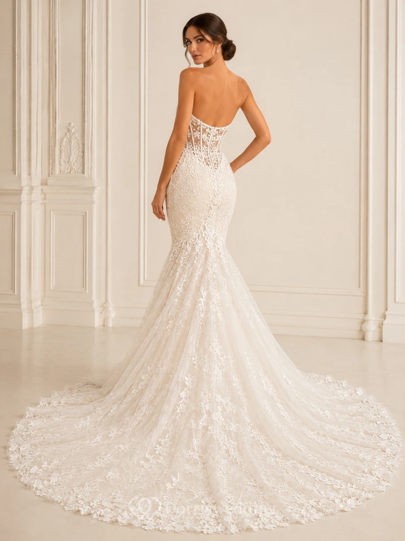 Süßes Brautkleid mit floraler Spitze, Meerjungfrauen-Stil, luxuriöser Kapellenschleppe und Lagen view 2