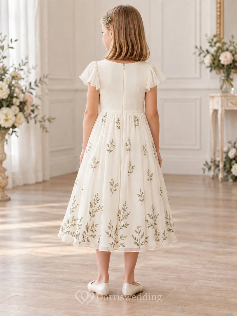Modest Simple Cream Tea-length Jewel Sheer Flutter Sleeves Branch-Print Gathered Chiffon A-line Flowergirl Dress view 2
