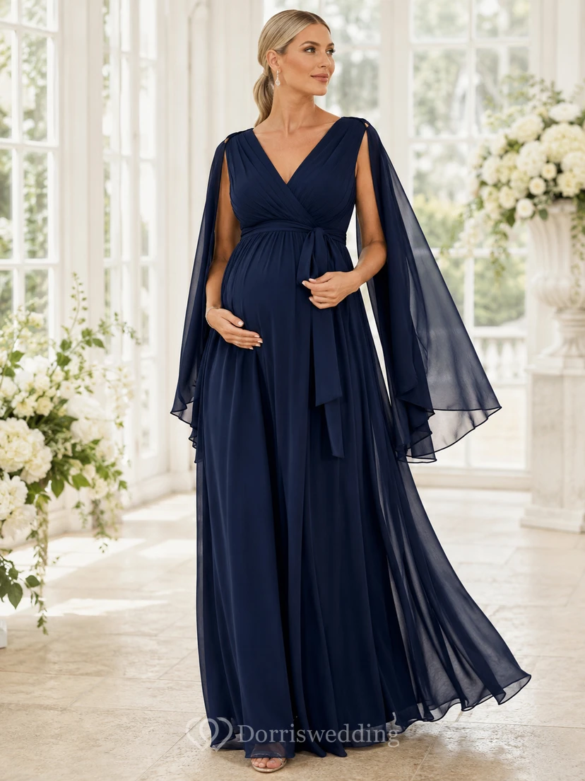 Dark Navy V Neck Cape Sleeve Chiffon Empire Floor Maternity Guest Gown