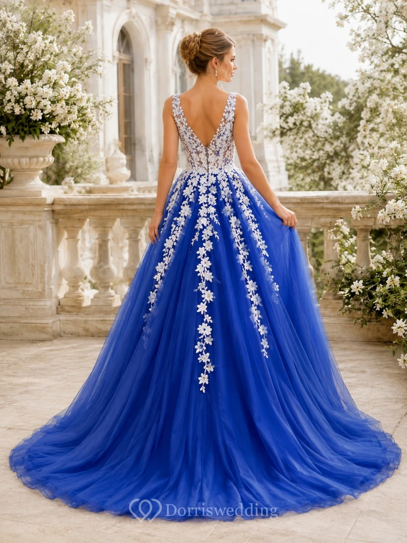 Royal Blue Airy Ball Gown V-Neck Sleeveless Chiffon Tulle Bohemian Wedding Gown view 2