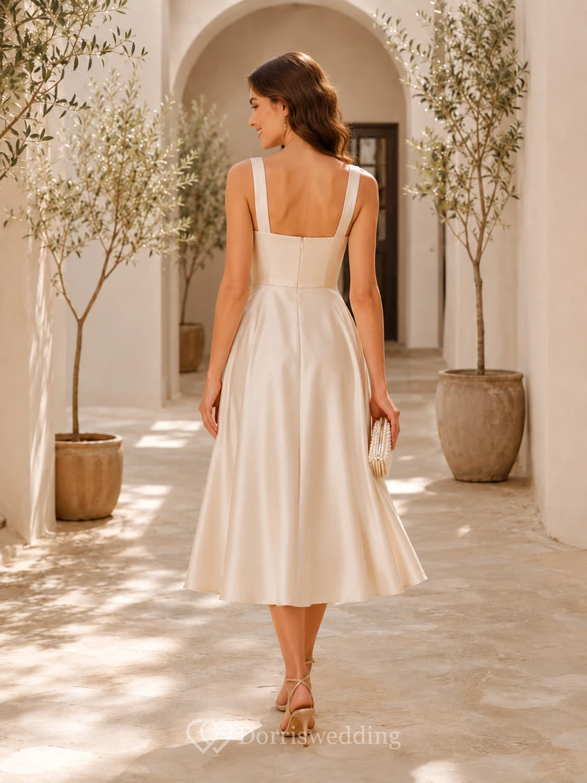Elegant Square Strap Pleated Satin A Line Tea Length Civil Wedding Dress view 2