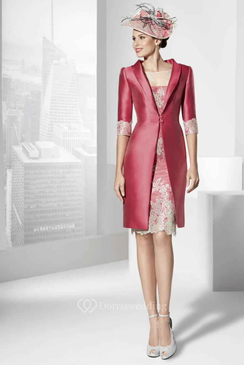 Halbarmiges, appliziertes Satin-Abendkleid in Knielänge mit passender Jacke