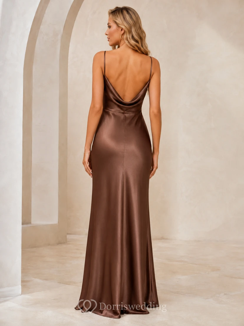 Taupe Satin Cowl Neck Slit Sheath Evening Dress view 2