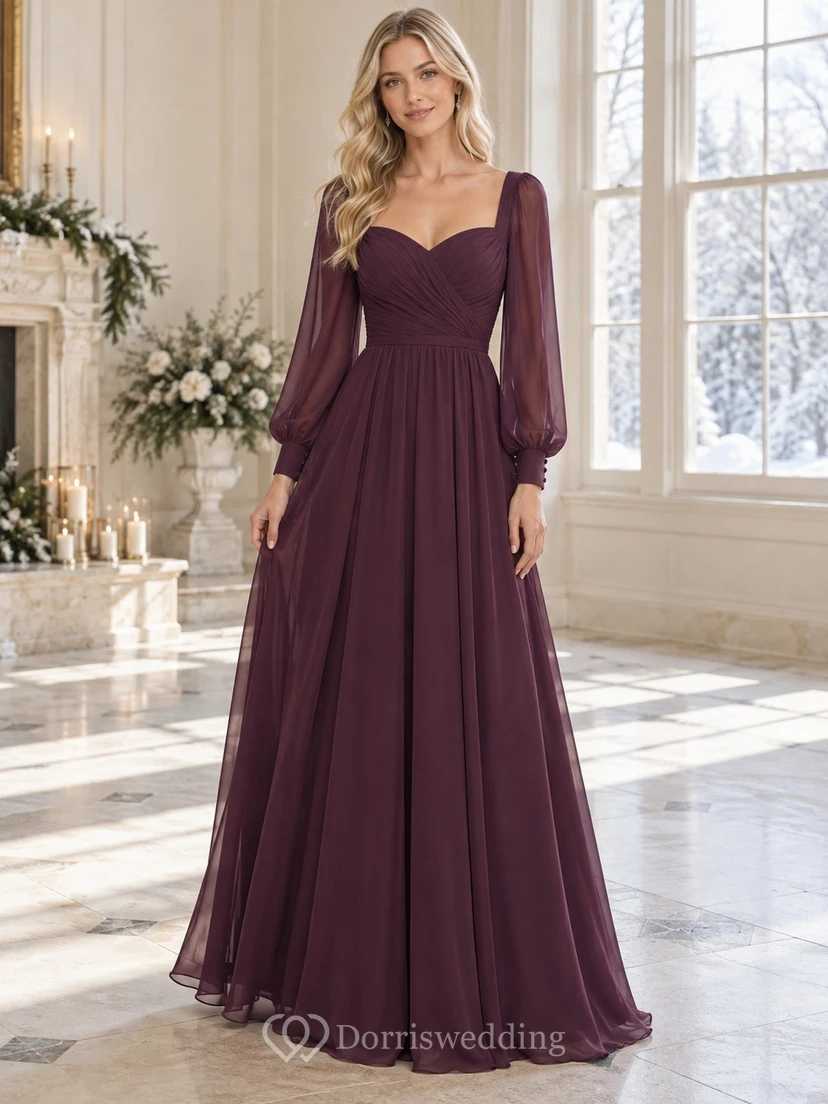 Langärmeliges, pflaumenfarbenes Chiffon-Brautjungfernkleid mit Bischofsärmeln und herzförmigem Ausschnitt in A