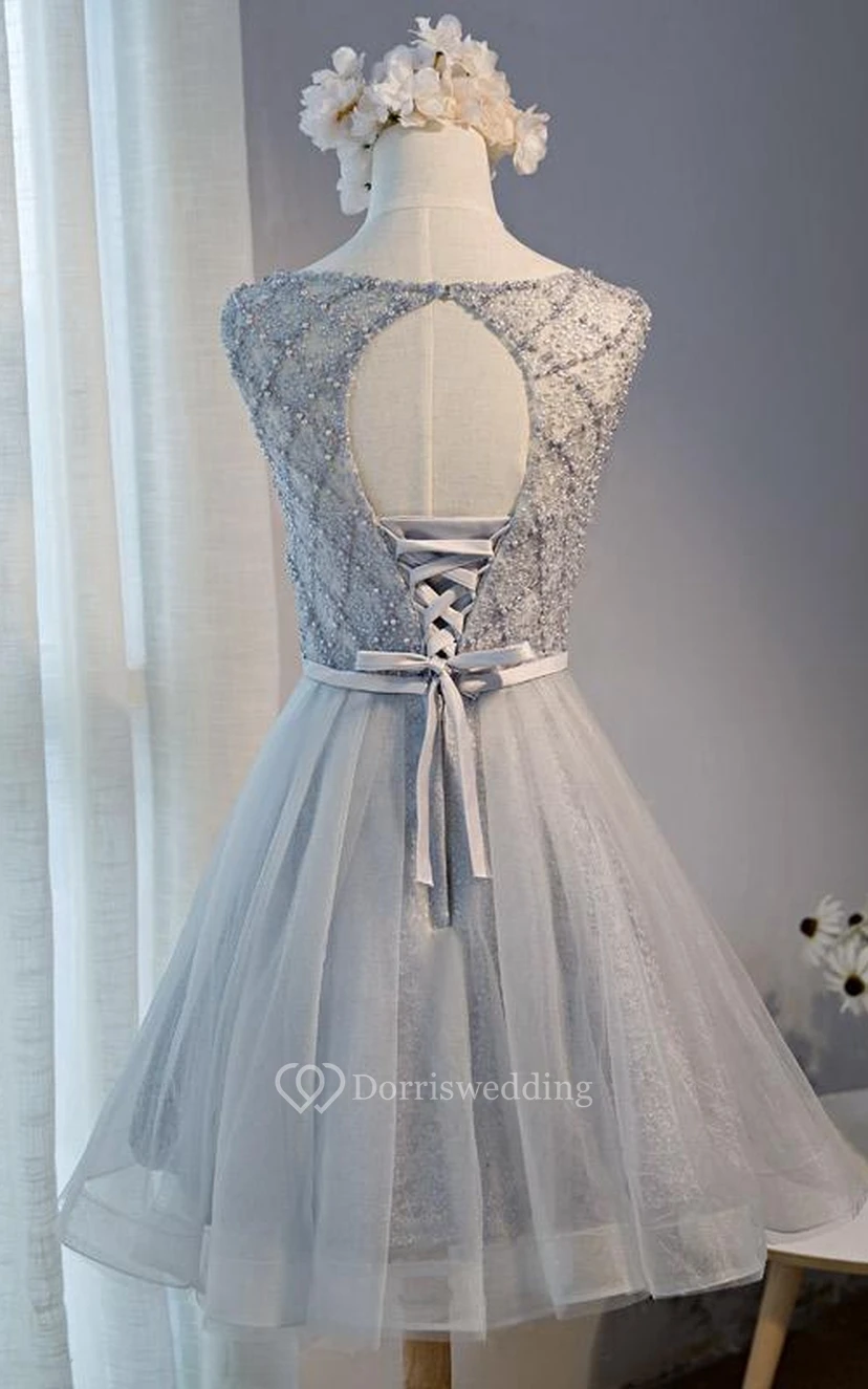 Short Scoop Sleeveless Lace Corset Back Dress with Keyhole view 2