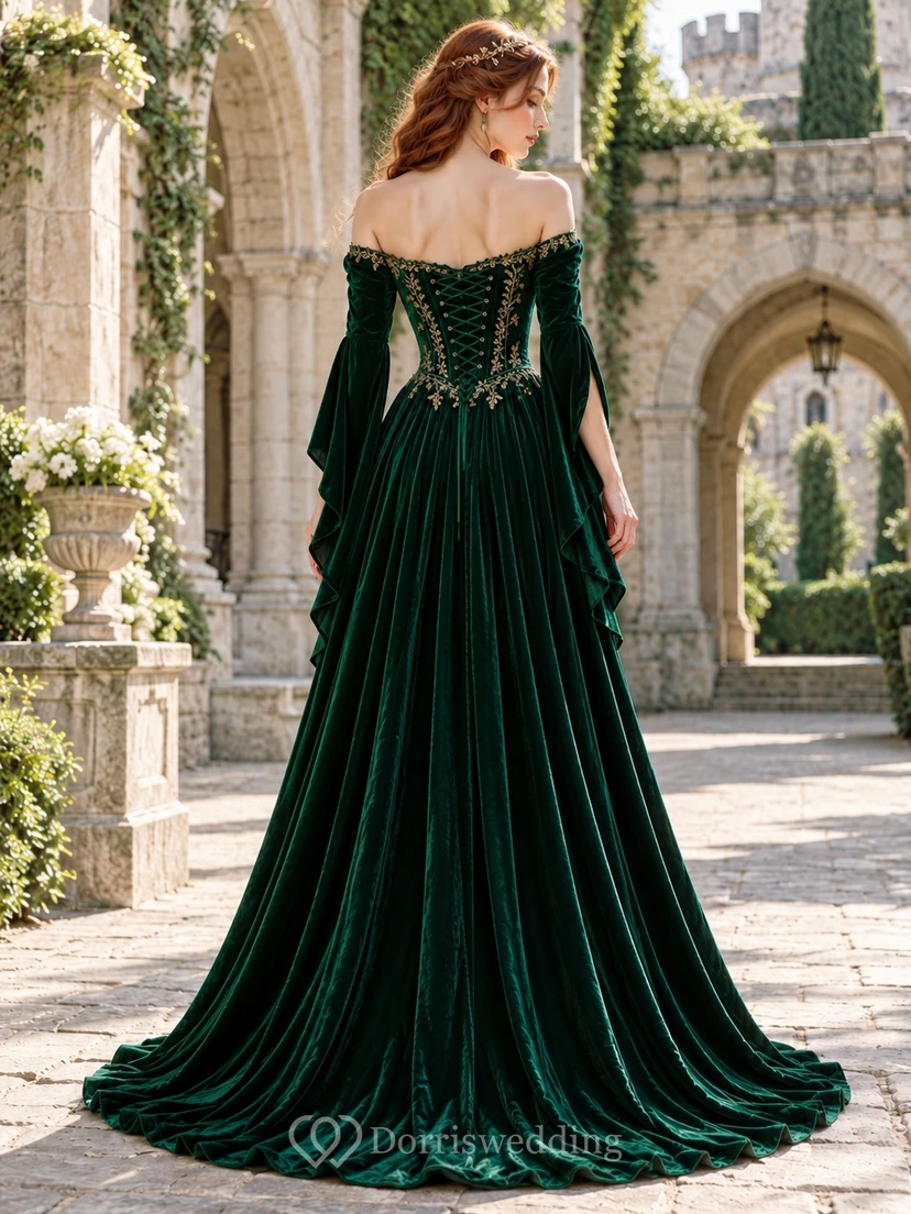 Medieval Dark Green Off Shoulder Gold Trim Velvet Corset Prom Dress view 2