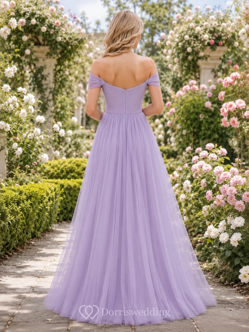 Lavender off shoulder sweetheart tulle floor length A-line bridesmaid dress view 2