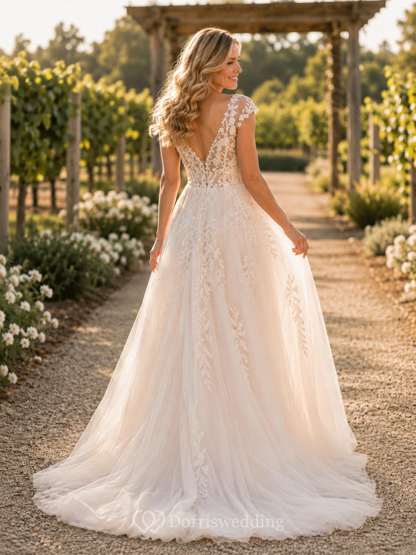 Vestido de novia romántico con escote en V, encaje y tul, corte en A, mangas cortas y cola larga. view 2