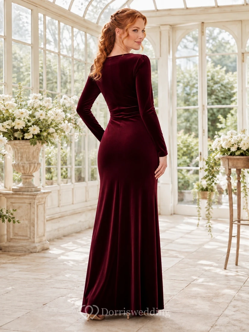 Burgundy Velvet V-neck Long Sleeve Mermaid Floor-length Ruched Evening Gown view 2