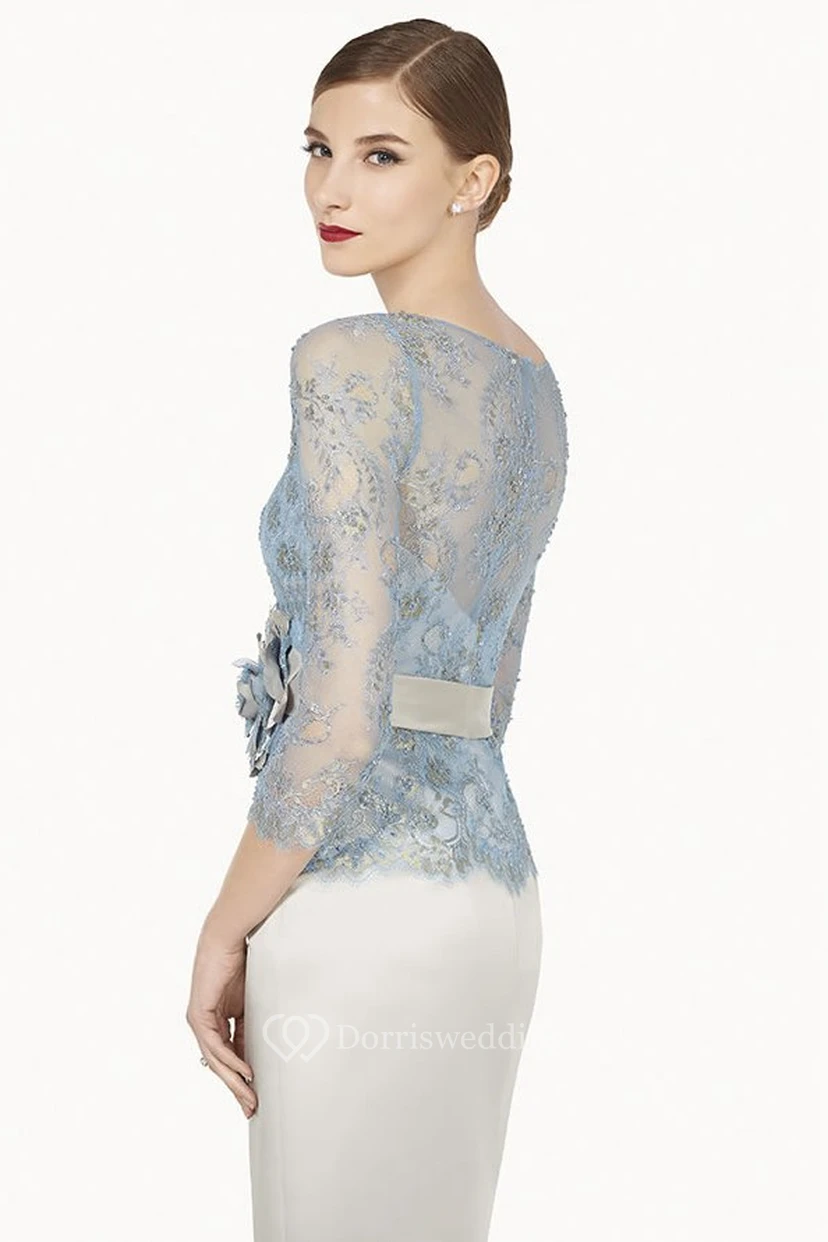 Bleistiftförmiges, perlenbesetztes Midi-Abendkleid mit Rundhalsausschnitt, 3-4 Ärmeln, Satin und Spitze sowie Blumenmuster view 2