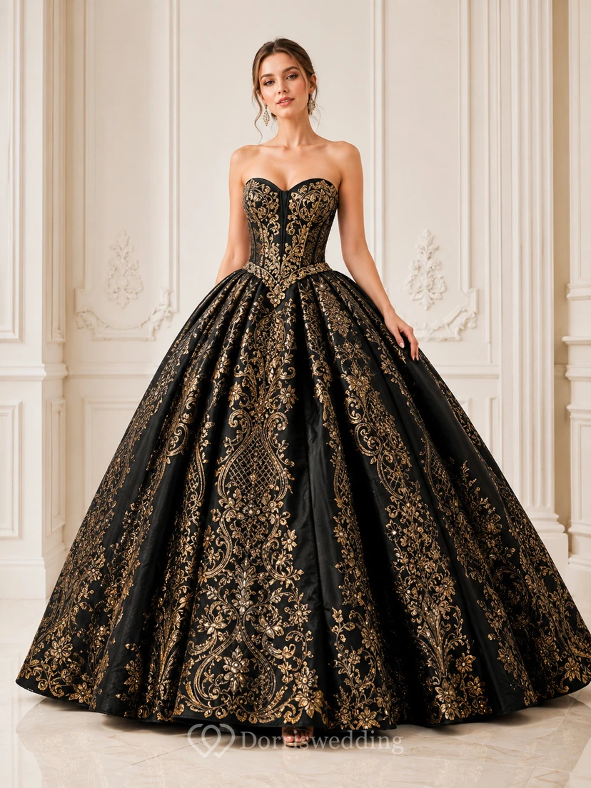 Black Gold Strapless Sweetheart Brocade Satin Luxury Princess Quinceanera Ball Gown