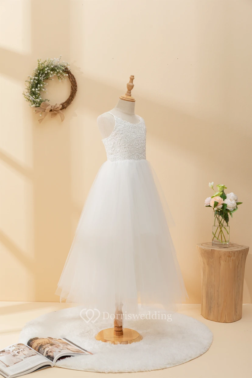 Casual Spaghetti Lace Top A-line Flowergirl Dress with Tulle Skirt view 6