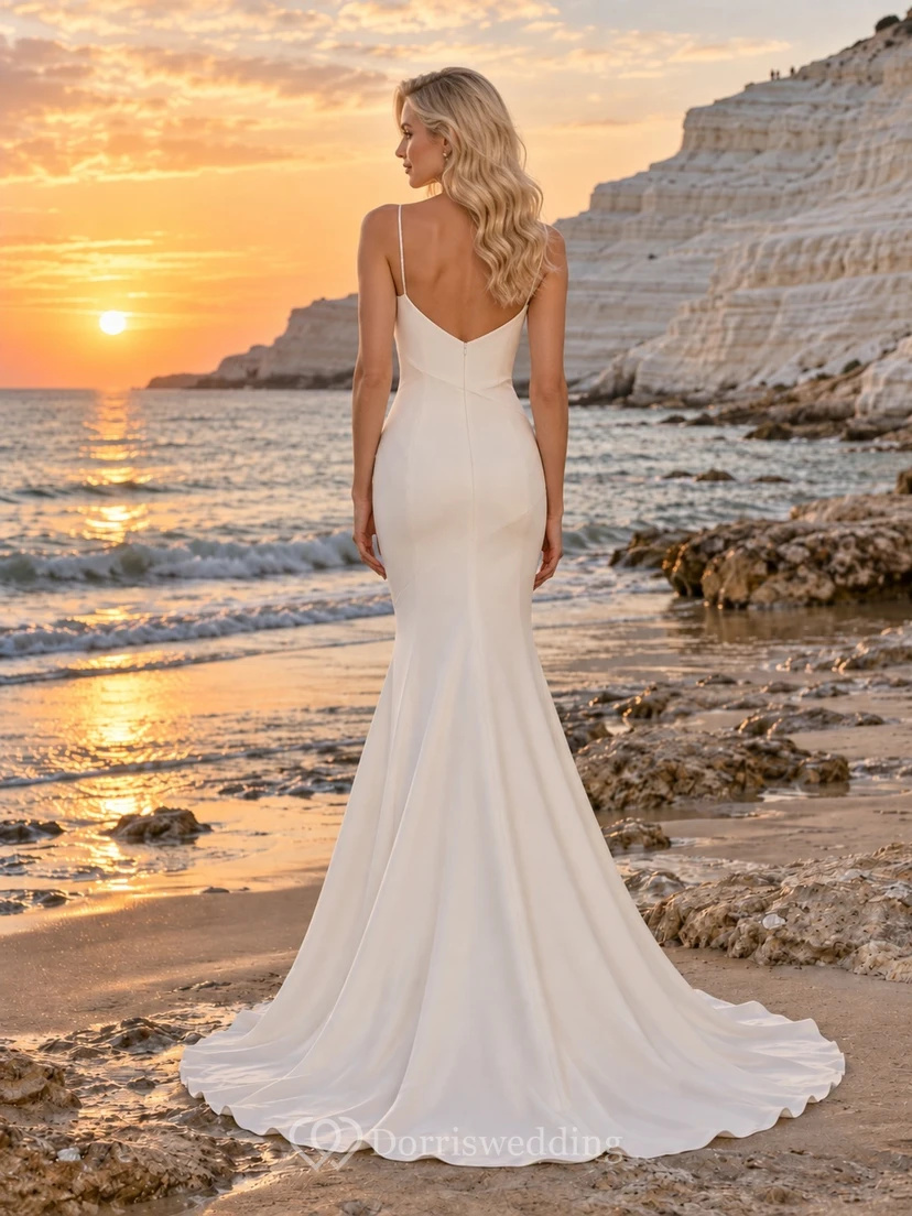 Vestido de novia sencillo de sirena con escote en V, sin mangas, espalda de satén y cola larga, de crepé. view 2