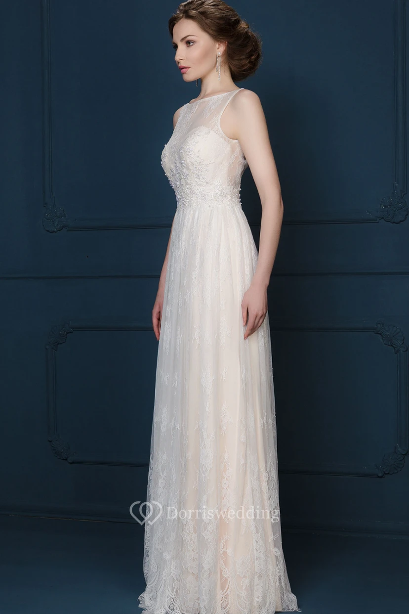 A-Line Maxi Appliqued Bateau-Neck Sleeveless Lace Evening Dress With Pleats view 3