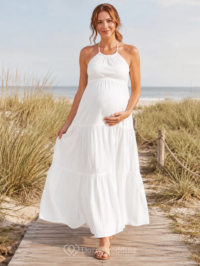 Robe de mariée bohème décontractée à volants, style empire, longueur cheville, dos nu, sans manches, en mousseline, pour la plage ou la maternité.