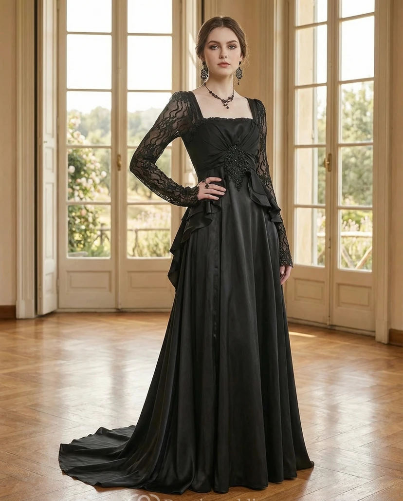 Schwarzes Gothic-Abendkleid mit langen Ärmeln aus Spitze und eckigem Ausschnitt