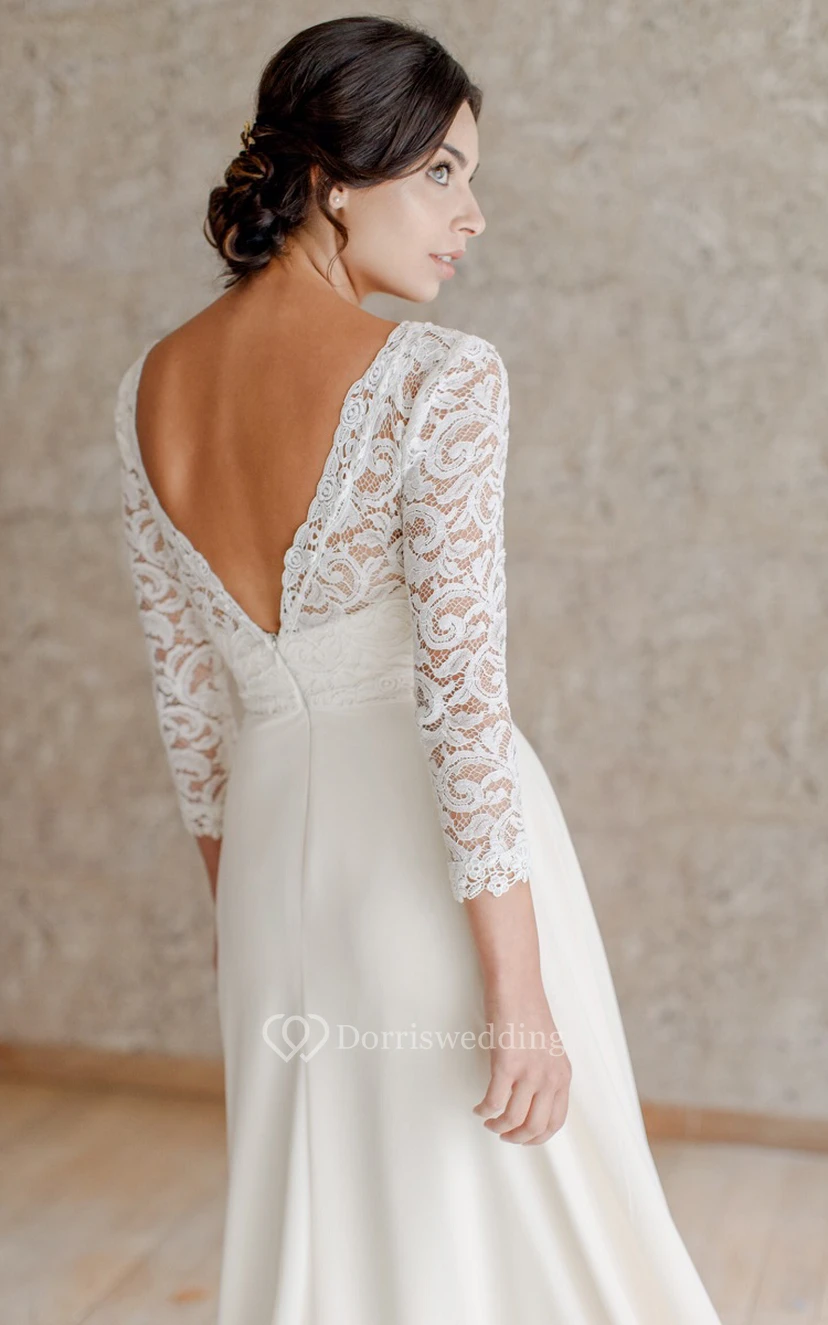 Robe de mariée Queen Anne en dentelle décontractée, coupe trapèze, longueur cheville, manches 3/4 view 2