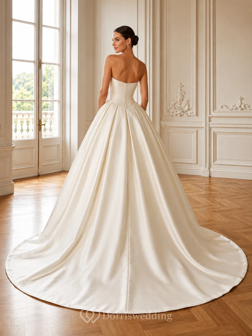 Trägerloses, herzförmiges Ballkleid aus Satin mit schlichter, plissierter Kapellenschleppe view 2