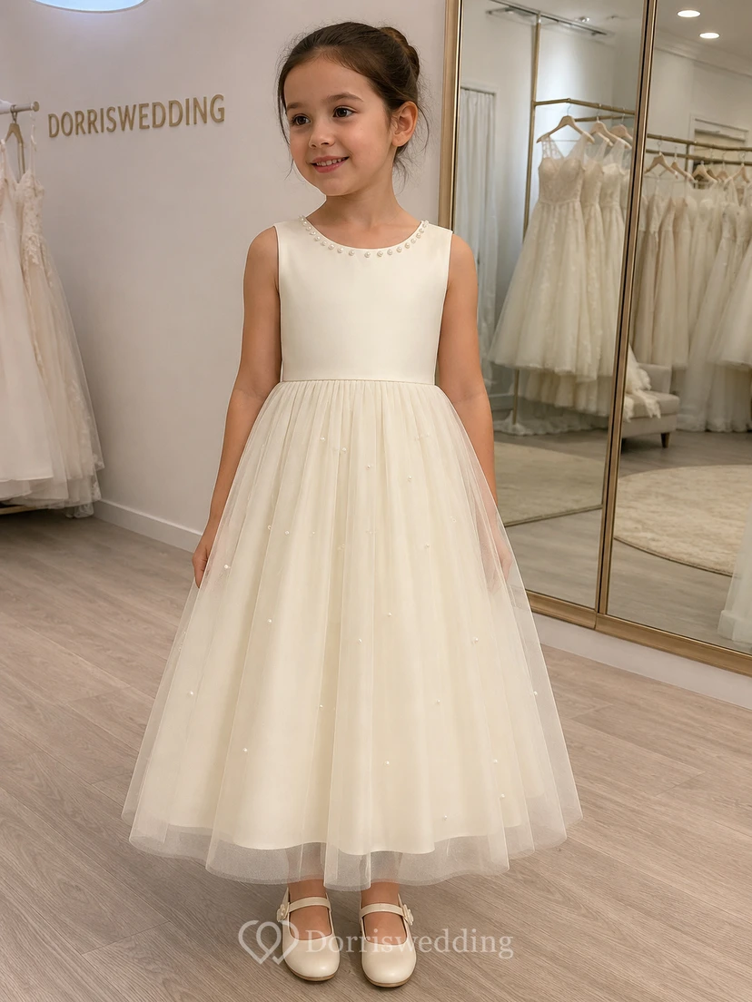 Scoop-neck Sleeveless Tulle Satin A-line Flowergirl Dress view 8
