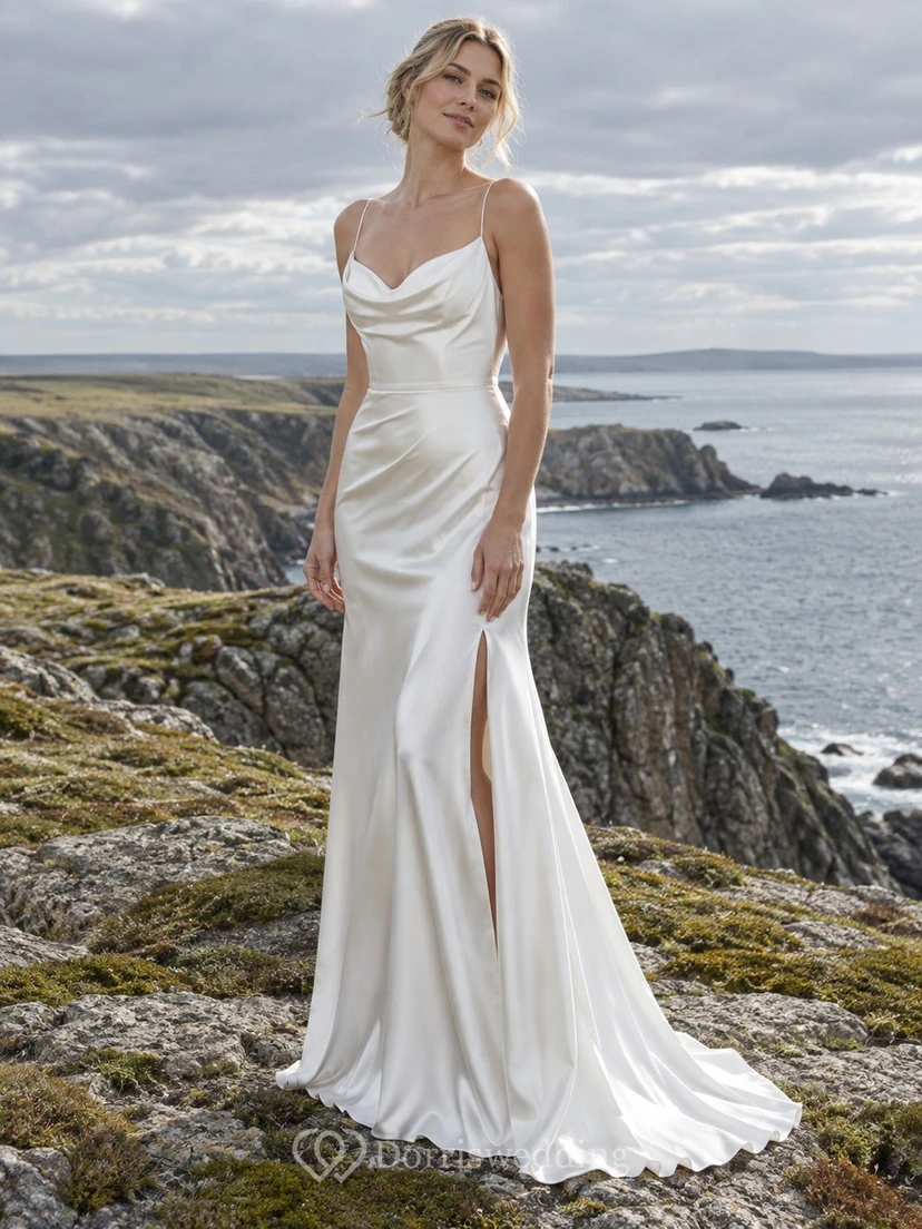 Vestido de novia sencillo de charmeuse con escote drapeado, tirantes finos y abertura lateral.