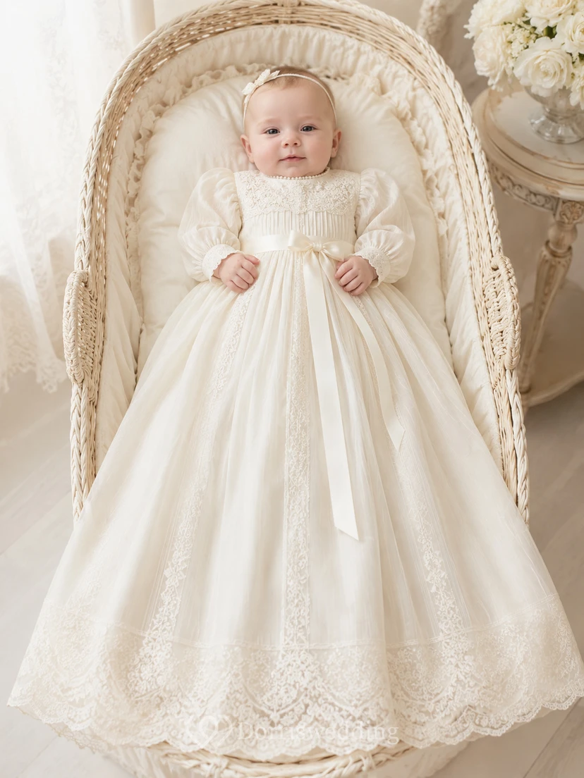 Bishop Sleeve Baptism Gown A-Line Lace Tulle Jewel Neck Floor-Length