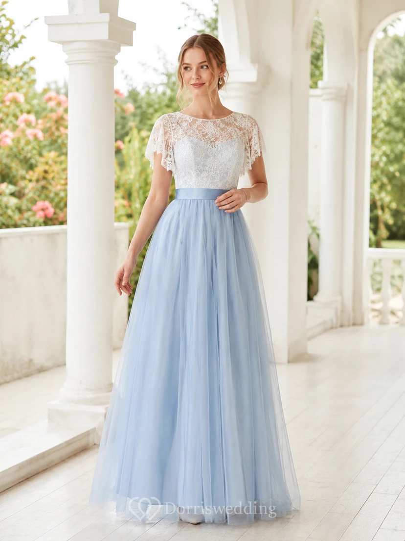 Vestido de invitada romántico de corte A con mangas de encaje corto y tul en azul cielo joya
