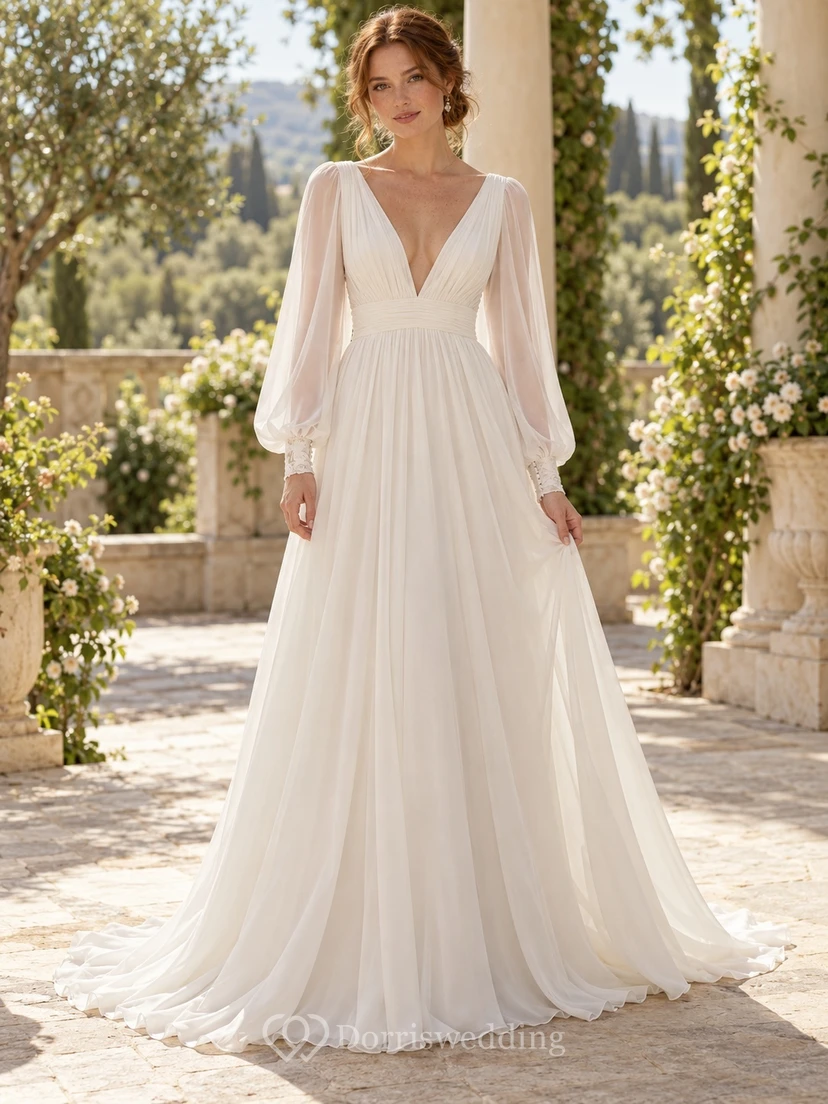 Simple Long Sleeve V-neck Chiffon A-line Sweep Train Wedding Dress